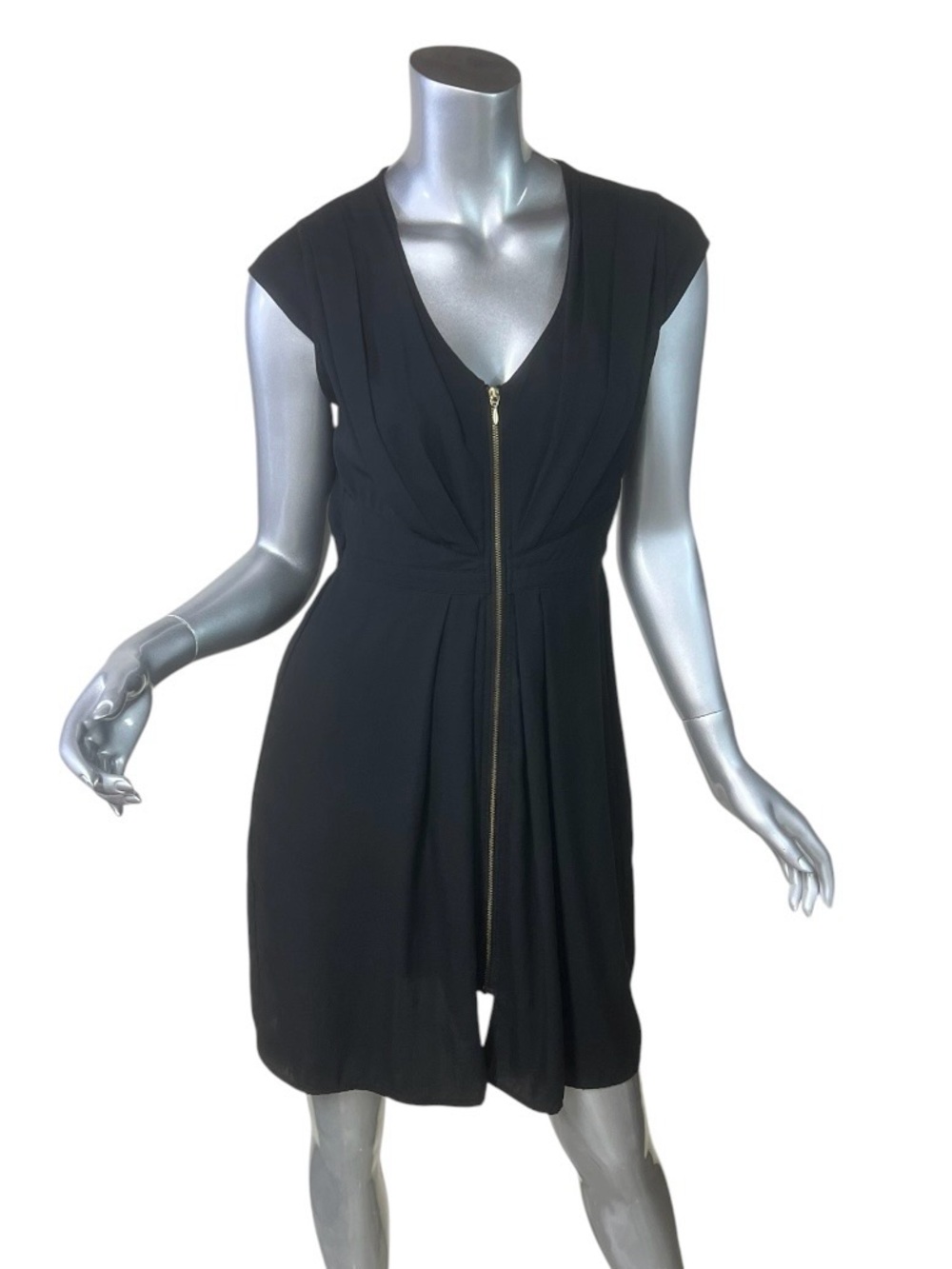 H&M Black Zip Front Short Sleeve V Neck Elastic Waist Mini Dress Women’s Size 6